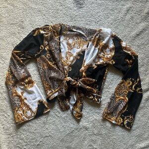 Versace style long sleeve crop top with tie front detail
